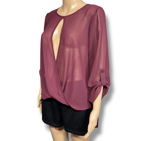 Maurices Womens Sheer Blouse Top Pullover Keyhole Wrap Front High Low Hem Red M - Picture 5 of 8